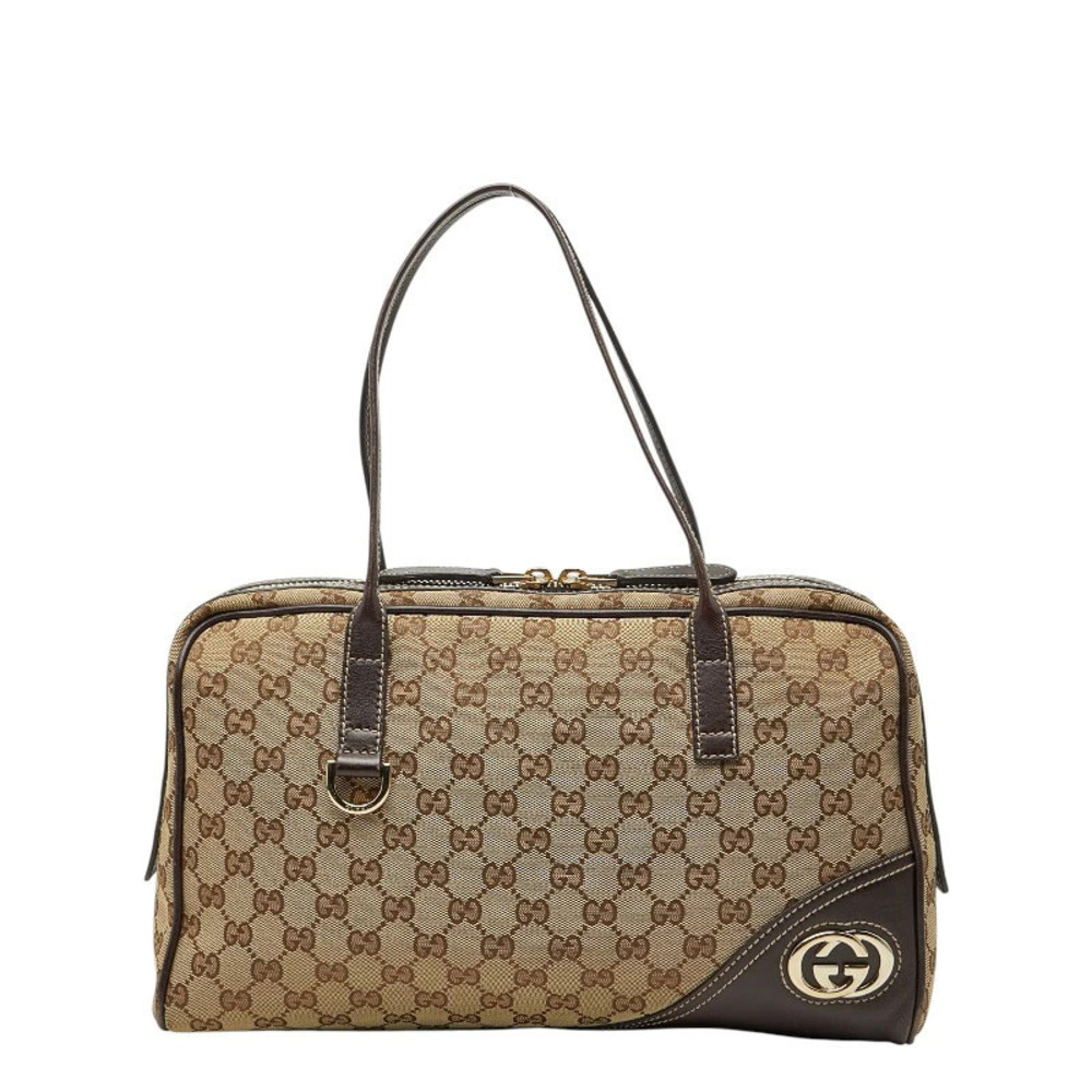 Gucci GG Canvas Interlocking G Handbag Beige Cream Brown Leather